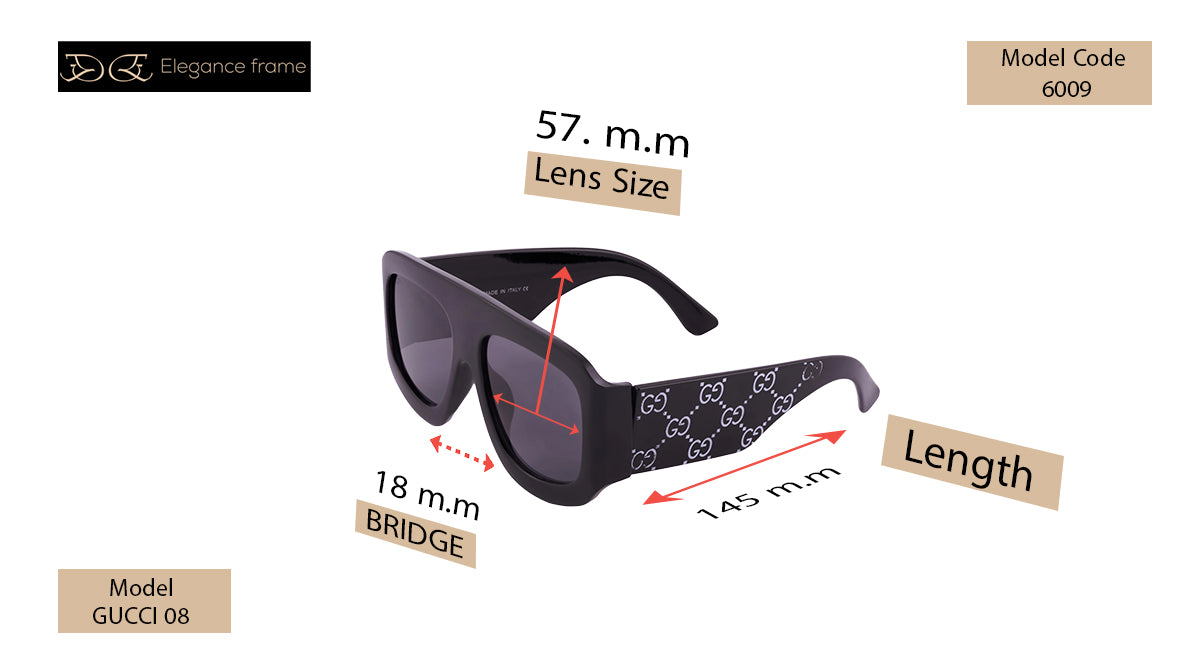 Gucci 08 Black Sunglasses with Engraved White Pattern Arms